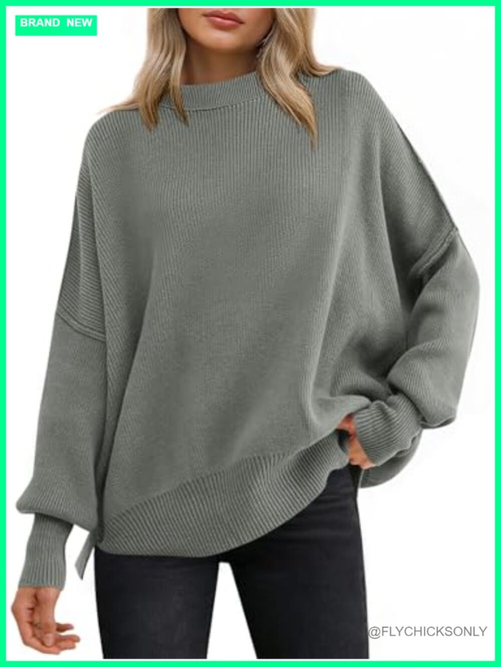 Oversized Ribbed Knit Pullover Sweater Batwing Sleeve Crewneck